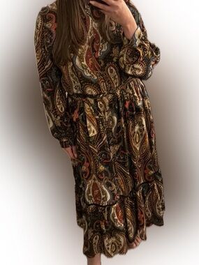 Tahari Multi-Color Paisley Tie-Waist Long Sleeve Maxi Dress 12 Large